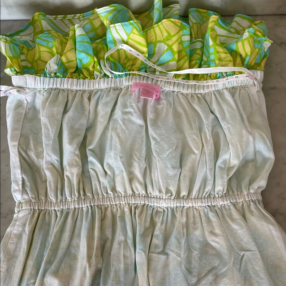 LILLY PULITZER Flor Pink Label Strapless Ruffle Mini Dress M Green Yellow VTG - Picture 14 of 17